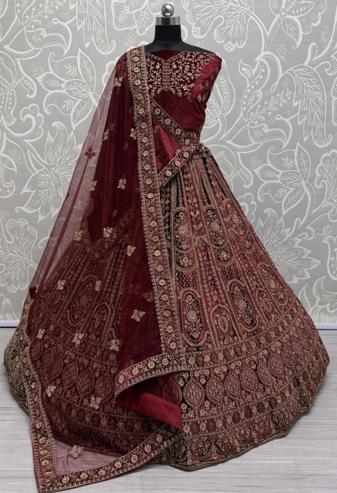 Double dupatta combine Maroon Velvet Lehenga choli in Dori work